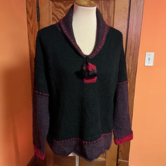 Little Journeys Boho Knit Sweater Tassel Neck Black Burgundy Pullover - Picture 6 of 10